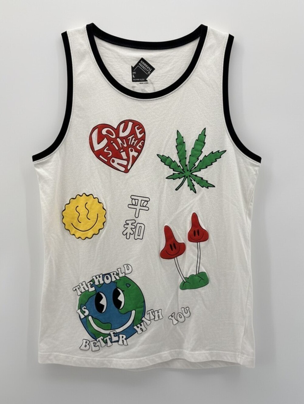 Original Gravity Sleeveless T-Shirt Puffy Applique Pot Weed Mushroom White Large